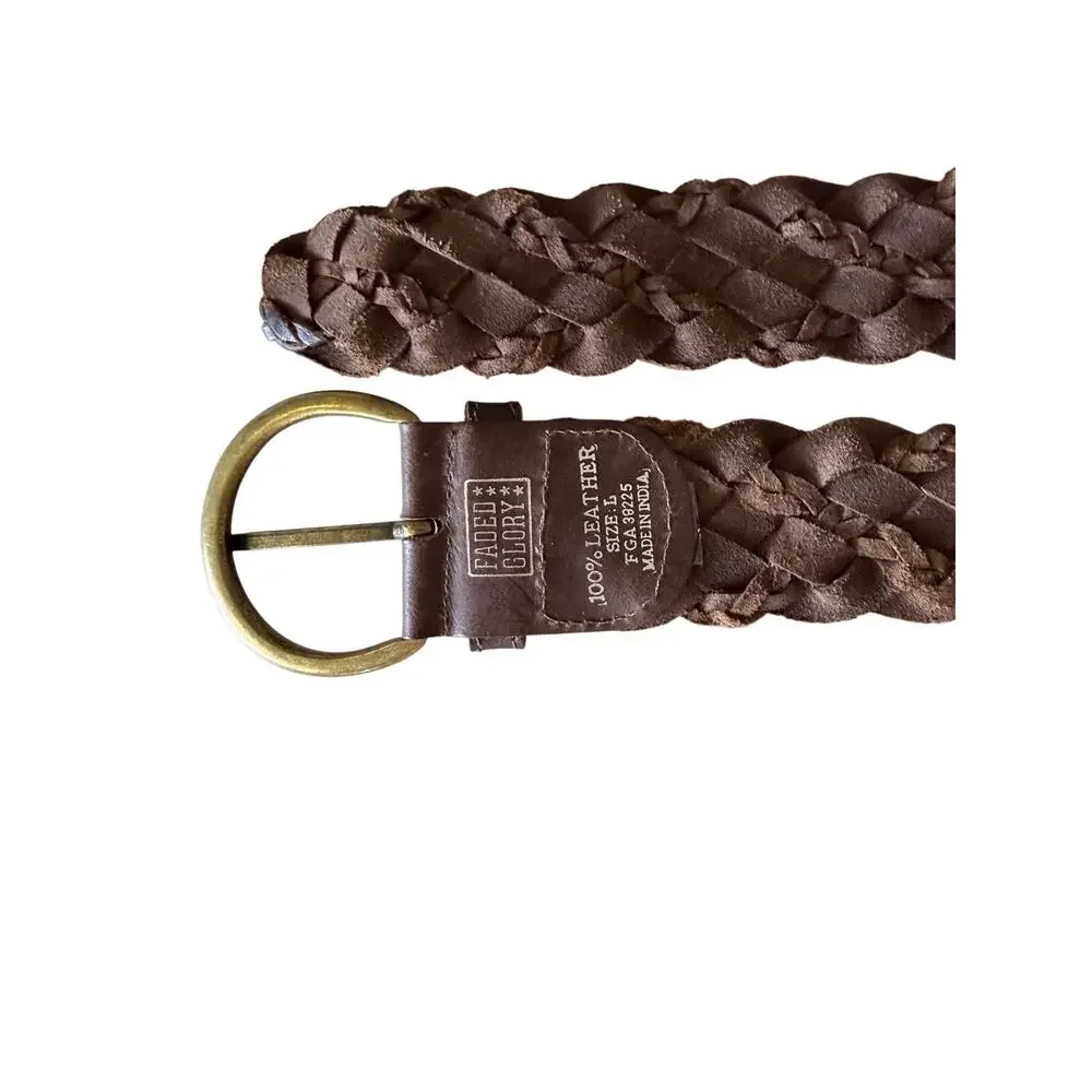 Vintage Y2K faded glory brown leather wide braided belt large made in India
